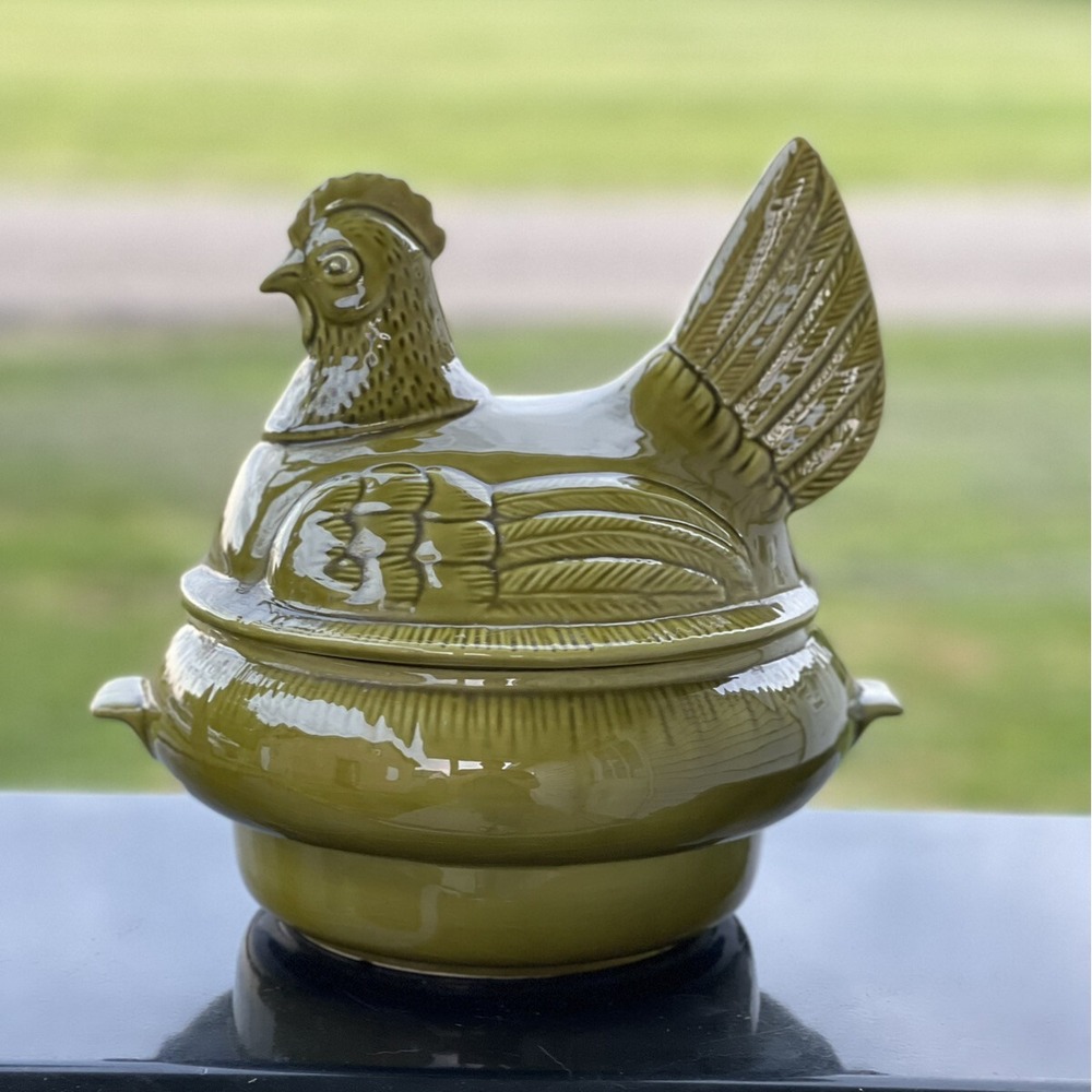 Vintage California Pottery Green Chicken Covered Casserole Tureen Circa 1960's